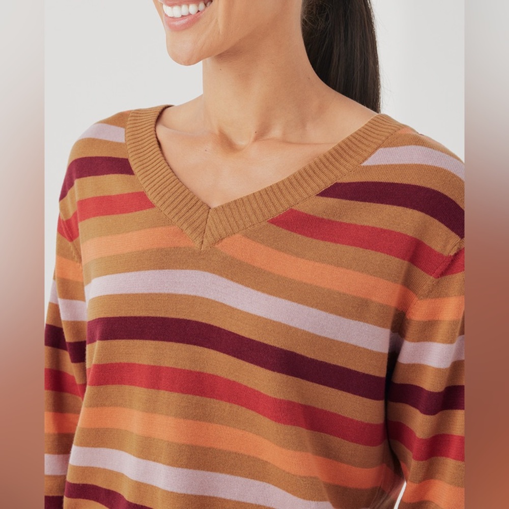 Pact V-Neck Striped Sweater in Rust Multicolor - Picture 6 of 7